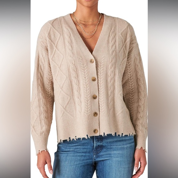 Lucky Brand Cable Knit Fringed Cardigan - Picture 2 of 15